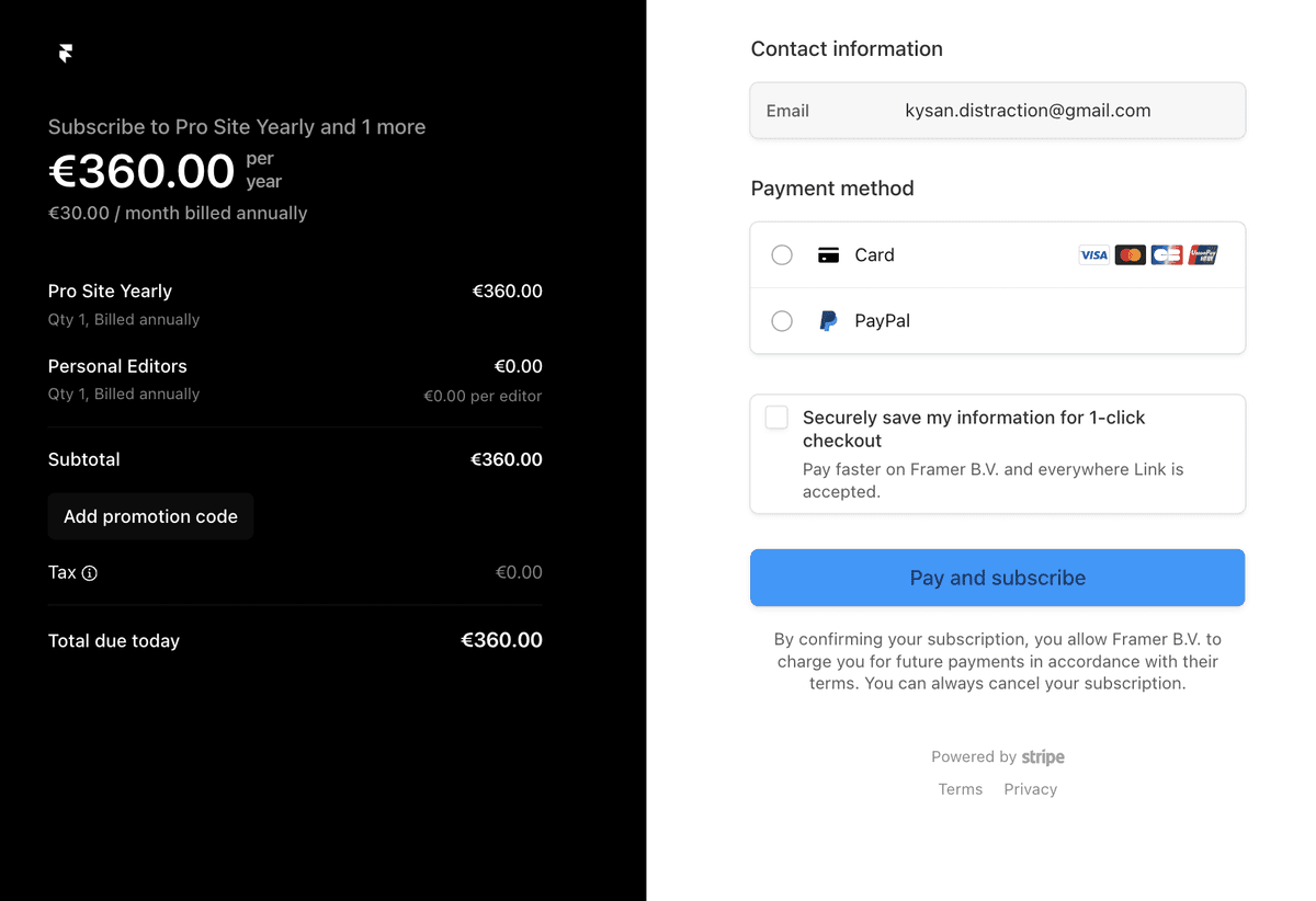 Expensive Framer subscription checkout page